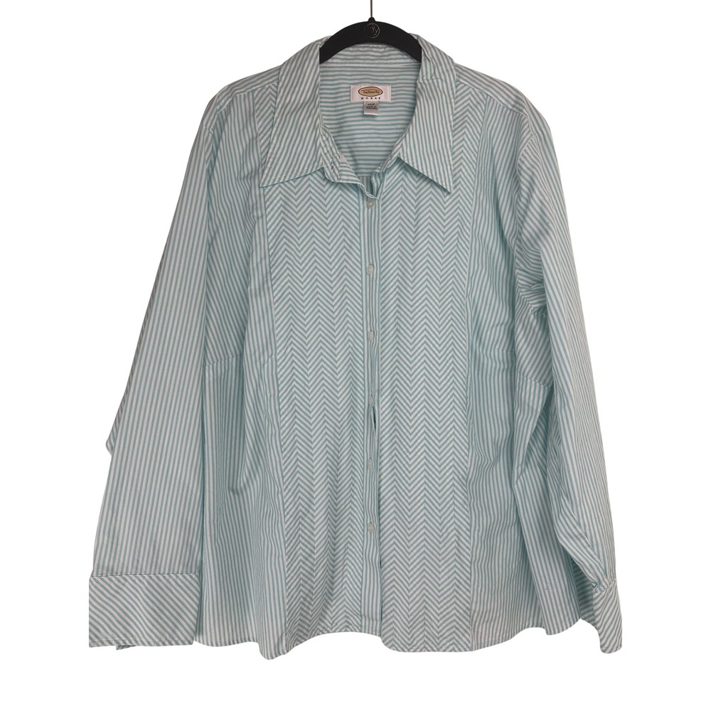 Talbots Woman Blue White Striped Chevron Button Down Shirt 22W Cotton Office